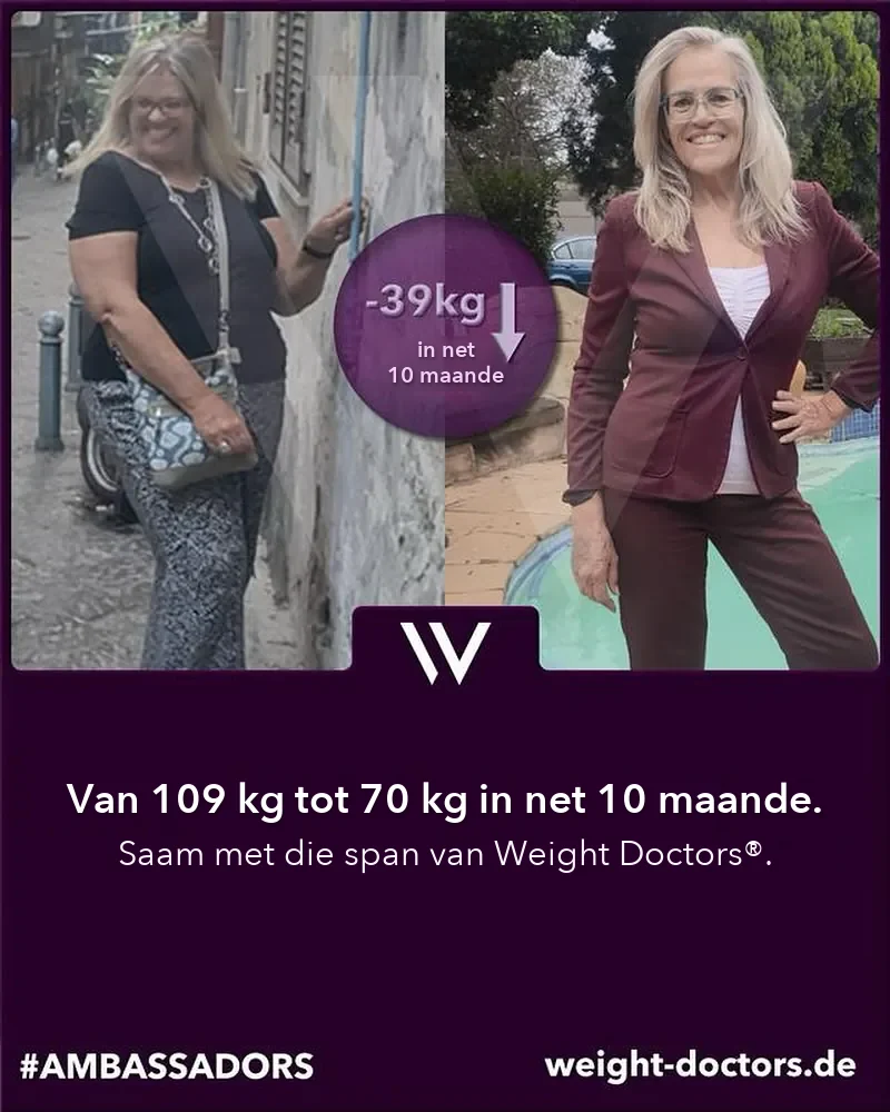 Weight Doctors® voor en ná: pasiënt van 109 kg na 70 kg in tien maande, saam met die span van Weight Doctors®