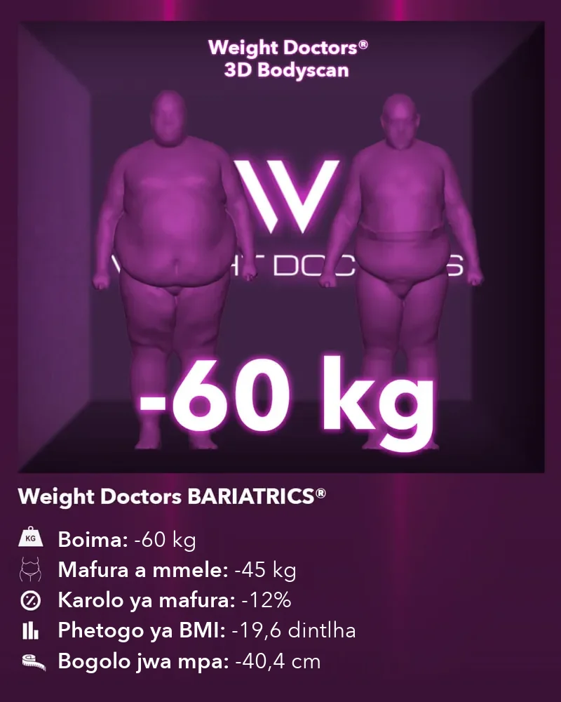 Weight Doctors® 3D Bodyscan pele le morago: boima bo fokotsegile ka 60 kg ka Weight Doctors BARIATRICS®, mafura a mmele a fokotsegile ka 45 kg