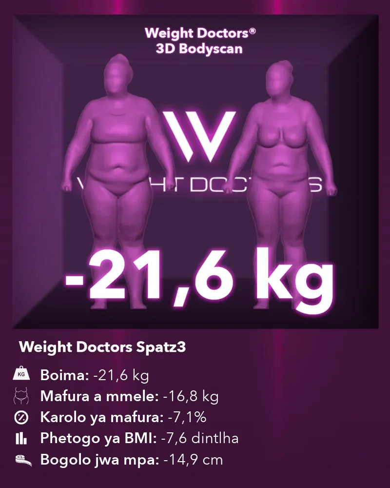 Weight Doctors® 3D Bodyscan pele le morago: boima bo fokotsegile ka 21.6 kg ka baluni ya mpa ya Spatz3, mafura a mmele a fokotsegile ka 16.8 kg