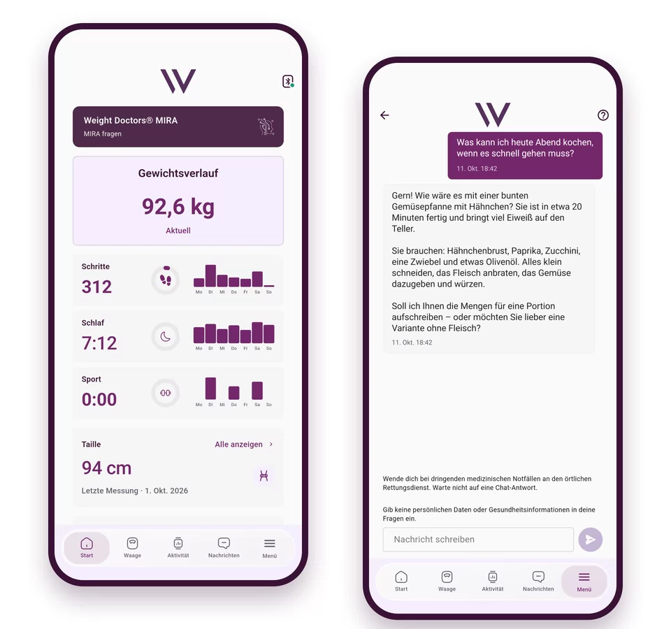 Weight Doctors® App: startpagina met de toegang tot Mira en een gesprek waarin Mira een snel avondmaal voorstelt