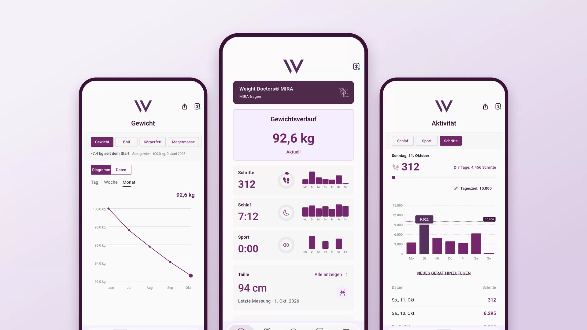 Ukubukwa okuthathu kwe-Weight Doctors® App: umlando wesisindo, ikhasi lasekhaya nomsebenzi womzimba